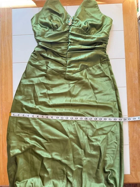 Vintage 90s Satin Slip Green Prom Dress Halter Rouched Maxi Gown Size 13/14 - Picture 16 of 17